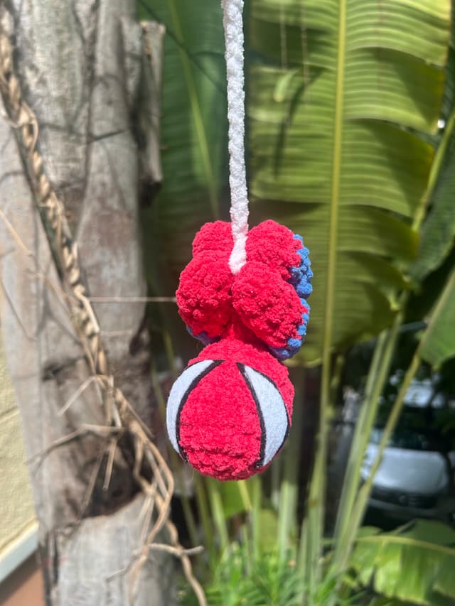 Crochet, handmade, hanging spiderman plush front view